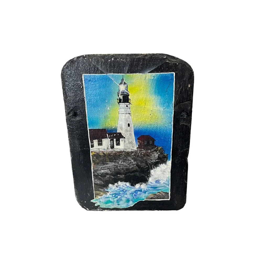 Leigh Clement Portland Head Light Slate Art Maine Lighthouse  Black Hand Painted